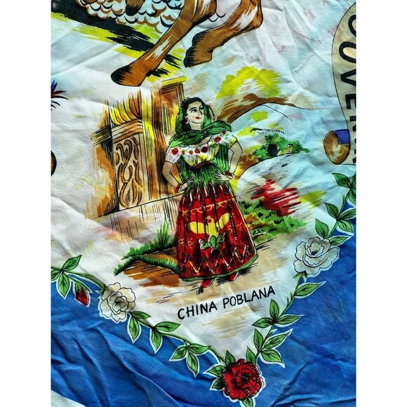 Mexico Souvenir Vintage Scarf Folk Art Illustrations Floral Details - Picture 2 of 10